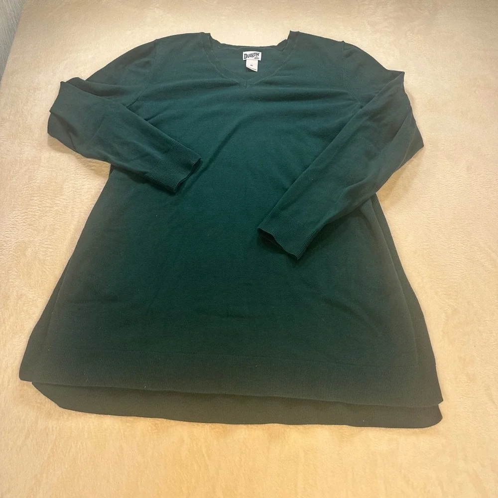 Duluth Trading Co Womens XL Forest Green V-Neck Tunic Sweater Cotton Blend
